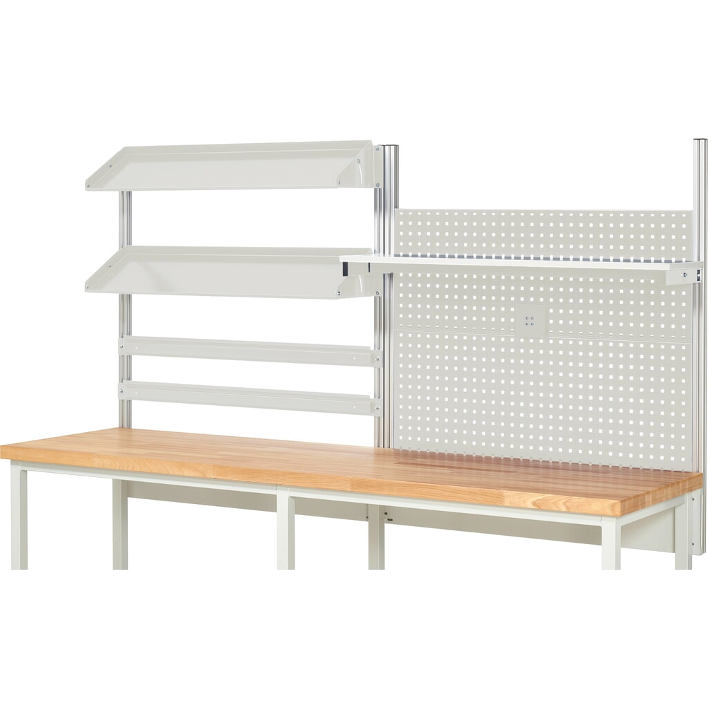 Číslo obrázku produktu 2: Nástavba pracovního stolu RAU, VxŠxH 1130 x 2500 x 350 mm, 1 etážová police, 2 přídržné lišty, 2 naklápěcí odkládací plochy a 1 držák pro plochý monitor, kompletní sada 05 pro šířku výrobku 2500 mm