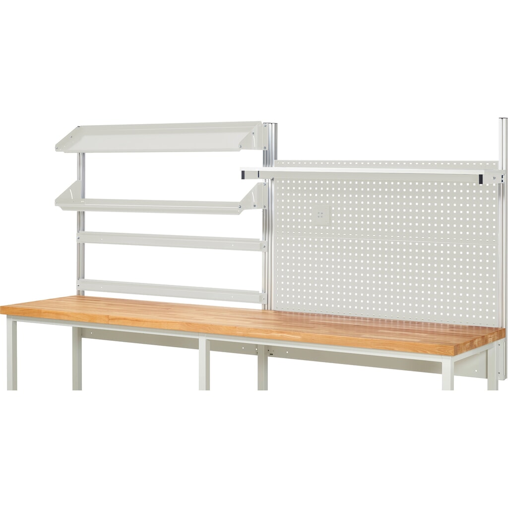 Nástavba pracovního stolu RAU, VxŠxH 1130 x 3000 x 3 000 mm, 1 etážová police, 2 přídržné lišty, 2 naklápěcí odkládací plochy a 1 držák pro plochý monitor, kompletní sada 05 pro šířku výrobku 3000 mm Číslo obrázku produktu 2: Nástavba pracovního stolu RAU, VxŠxH 1130 x 3000 x 3 000 mm, 1 etážová police, 2 přídržné lišty, 2 naklápěcí odkládací plochy a 1 držák pro plochý monitor, kompletní sada 05 pro šířku výrobku 3000 mm