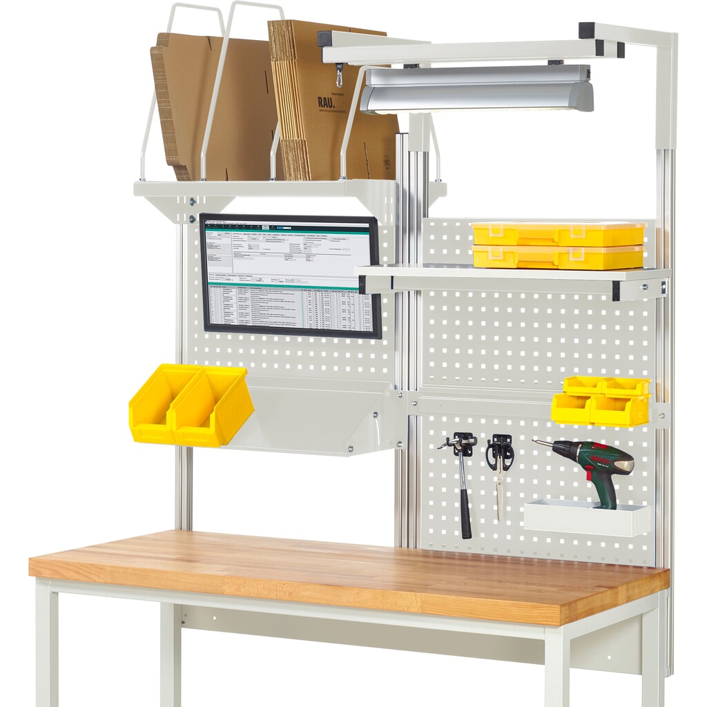 Číslo obrázku produktu 1: Nástavba pracovního stolu RAU, VxŠxH 1380 x 1500 x 1500 mm, 1 etážová police, 1 přídržná lišta, 1 naklápěcí odkládací plocha, 1 držák pro plochý monitor a 1 svítidlo, kompletní sada 06 pro šířku výrobku 1500 mm