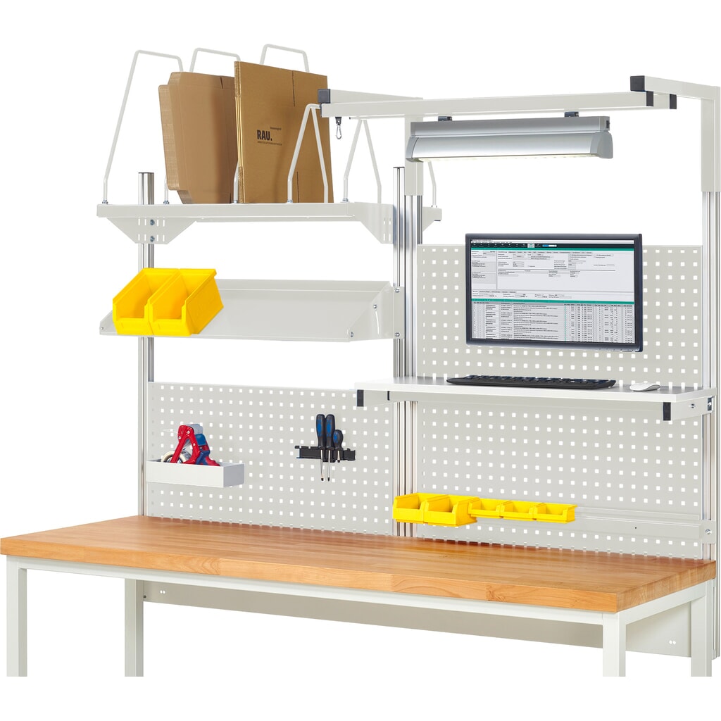 Obrázek produktu: Nástavba pracovního stolu RAU, VxŠxH 1380 x 2000 x 2000 mm, 1 etážová police, 1 přídržná lišta, 1 naklápěcí odkládací plocha, 1 držák pro plochý monitor a 1 svítidlo, kompletní sada 06 pro šířku výrobku 2000 mm