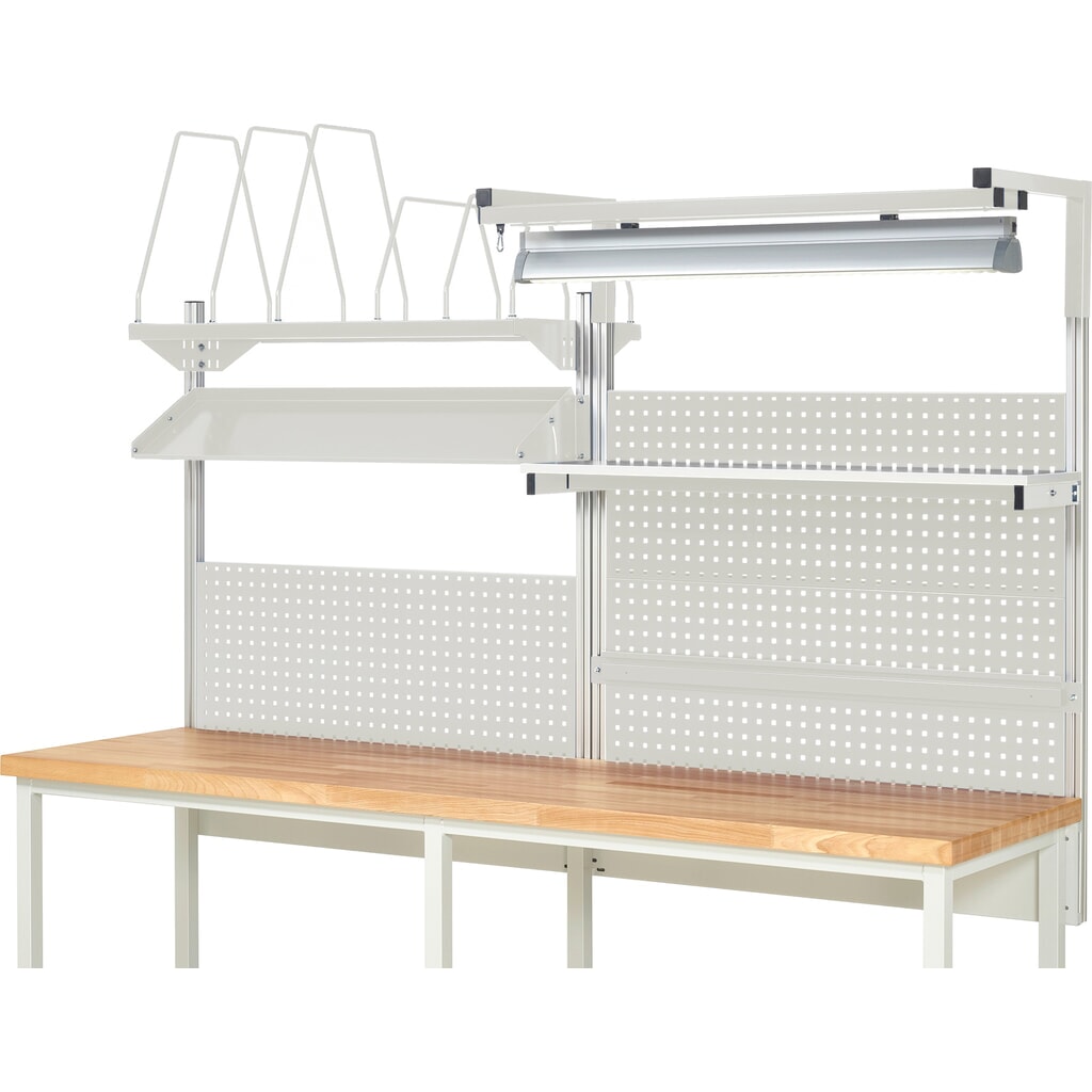 Nástavba pracovního stolu RAU, VxŠxH 1380 x 2500 x 2500 mm, 1 etážová police, 1 přídržná lišta, 1 naklápěcí odkládací plocha, 1 držák pro plochý monitor a 1 svítidlo, kompletní sada 06 pro šířku výrobku 2500 mm Číslo obrázku produktu 2: Nástavba pracovního stolu RAU, VxŠxH 1380 x 2500 x 2500 mm, 1 etážová police, 1 přídržná lišta, 1 naklápěcí odkládací plocha, 1 držák pro plochý monitor a 1 svítidlo, kompletní sada 06 pro šířku výrobku 2500 mm