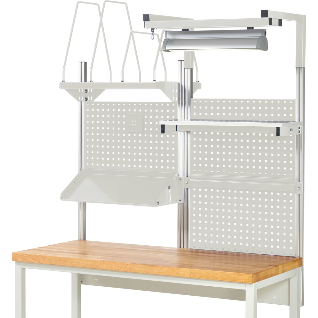 Nástavba pracovního stolu RAU, VxŠxH 1380 x 1500 x 1500 mm, 1 etážová police, 1 přídržná lišta, 1 naklápěcí odkládací plocha, 1 držák pro plochý monitor a 1 svítidlo, kompletní sada 06 pro šířku výrobku 1500 mm Číslo obrázku produktu 2: Nástavba pracovního stolu RAU, VxŠxH 1380 x 1500 x 1500 mm, 1 etážová police, 1 přídržná lišta, 1 naklápěcí odkládací plocha, 1 držák pro plochý monitor a 1 svítidlo, kompletní sada 06 pro šířku výrobku 1500 mm