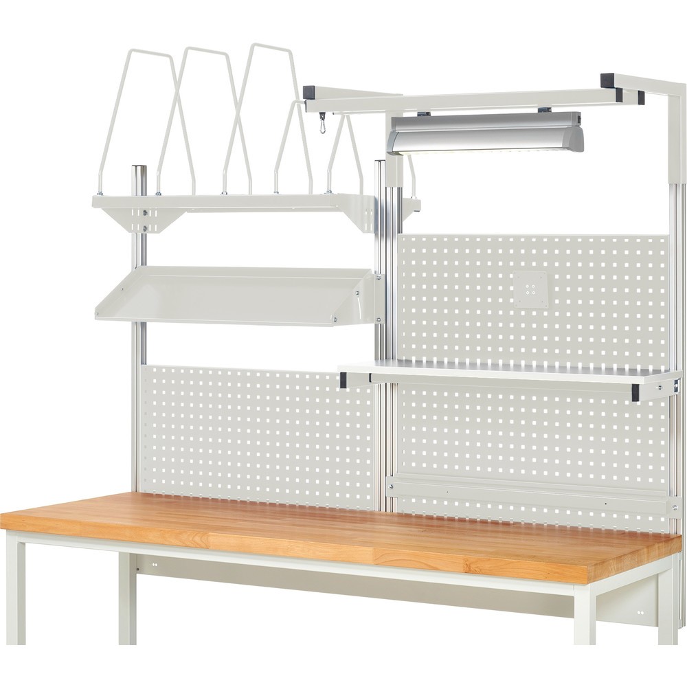 Číslo obrázku produktu 2: Nástavba pracovního stolu RAU, VxŠxH 1380 x 2000 x 2000 mm, 1 etážová police, 1 přídržná lišta, 1 naklápěcí odkládací plocha, 1 držák pro plochý monitor a 1 svítidlo, kompletní sada 06 pro šířku výrobku 2000 mm
