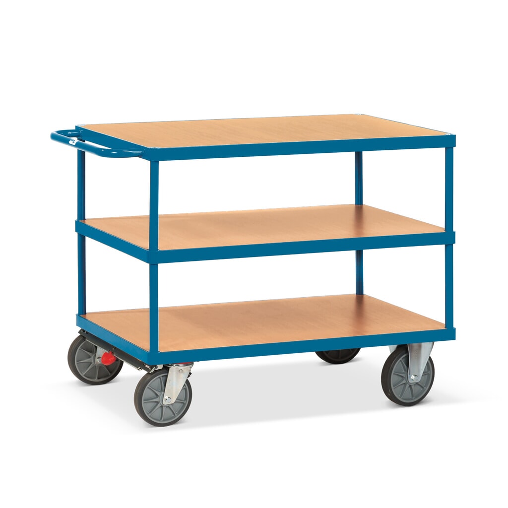 Obrázek produktu: Těžký pojízdný stolek a montážní vozík fetra®, 3 patra à 800 x 1 200 mm, centrální brzda