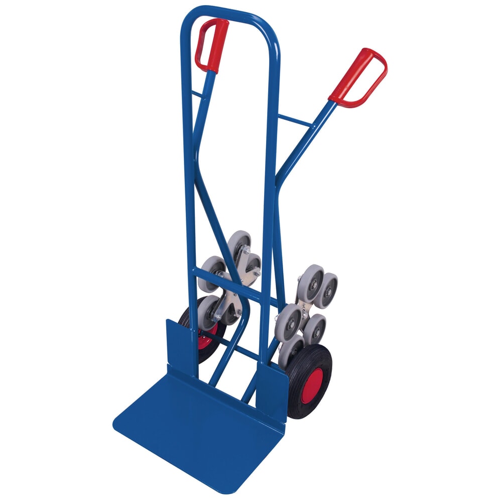Obrázek produktu: Ocelový schodišťový rudl VARIOfit®, nosnost 200 kg, s pětiramennou hvězdicí s kolečky, lopata Š x H 480 x 300 mm, vzduchové pneumatiky, hořcová modř