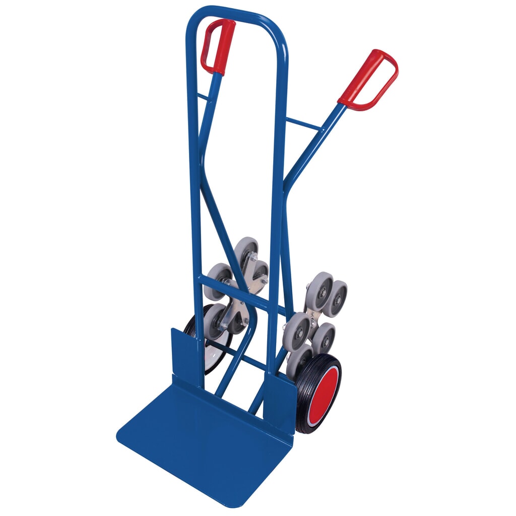 Ocelový schodišťový rudl VARIOfit®, nosnost 200 kg, s pětiramennou hvězdicí s kolečky, lopata Š x H 480 x 300 mm, kolečka z plné gumy, hořcová modř Obrázek produktu: Ocelový schodišťový rudl VARIOfit®, nosnost 200 kg, s pětiramennou hvězdicí s kolečky, lopata Š x H 480 x 300 mm, kolečka z plné gumy, hořcová modř