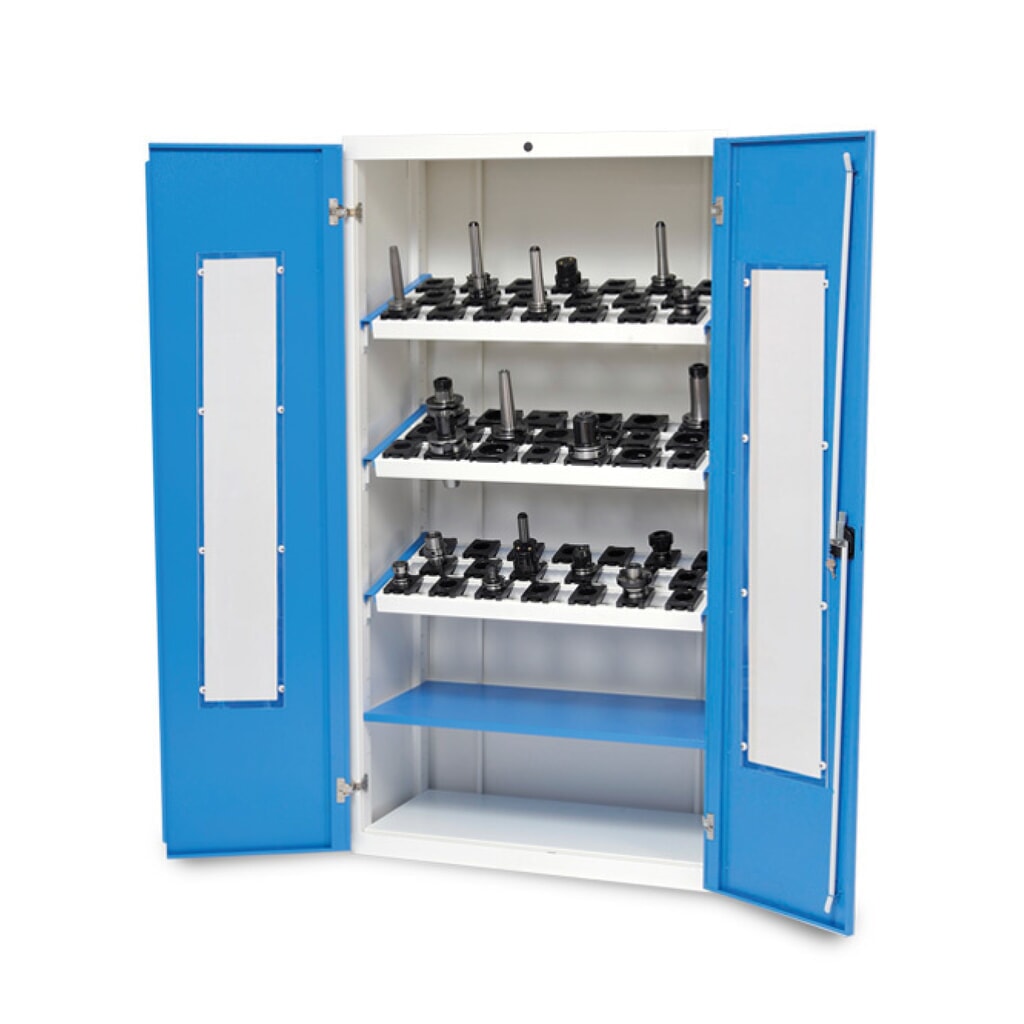 Vitrína na CNC nástroje Bedrunka+Hirth, VxŠxH 1838 x 980 x 500 mm, světle šedá, světle modrá, 3 ks rám na CNC nástroje, 1 police Obrázek produktu: Vitrína na CNC nástroje Bedrunka+Hirth, VxŠxH 1838 x 980 x 500 mm, světle šedá, světle modrá, 3 ks rám na CNC nástroje, 1 police