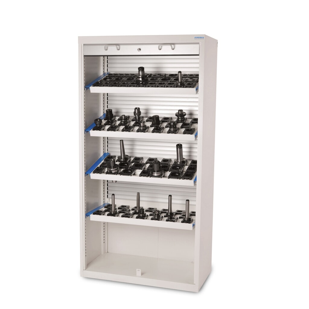 Číslo obrázku produktu 1: Vysoká skříň na CNC nástroje Bedrunka+Hirth s plastovou roletou, VxŠxH 1950 x 1000 x 500 mm, VDI 50 (64 ks)