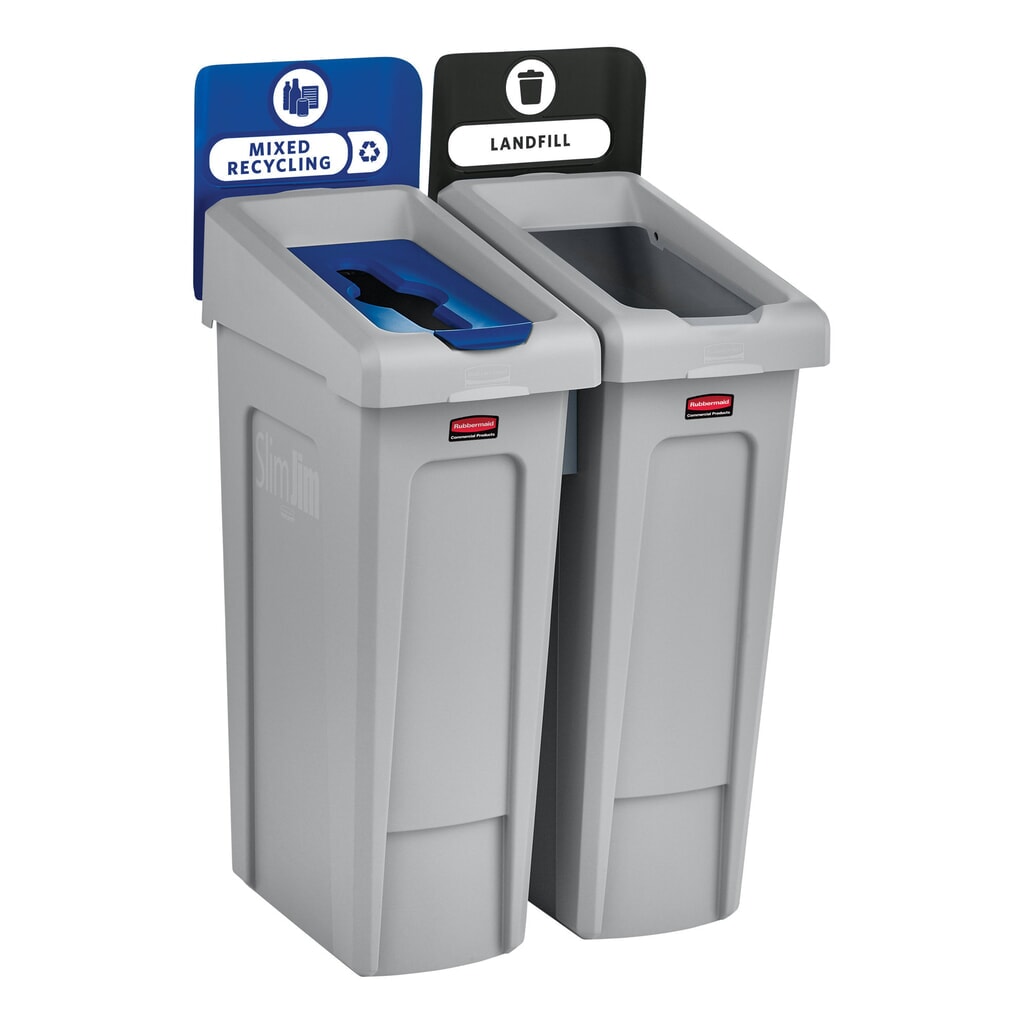 Číslo obrázku produktu 4: Základní sada pro recyklační stanici Rubbermaid® Slim Jim s nádobou na sběrné suroviny 87 litrů, s otevřeným víkem, s nacvakávacími spojkami