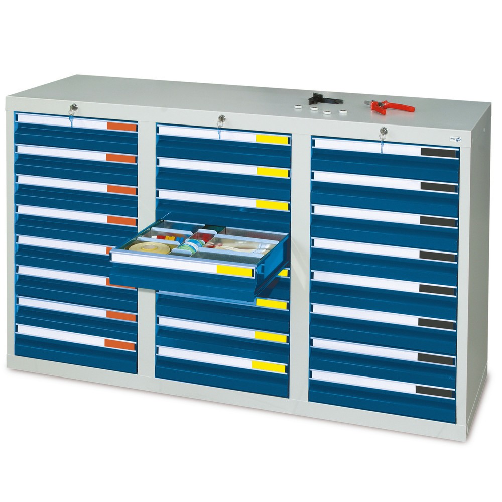 Obrázek produktu: Zásuvková skříň stumpf® Premium, zásuvky 24x100 mm, VxŠxH 900 x 1500 x 500 mm, světle šedá/modrý hořec
