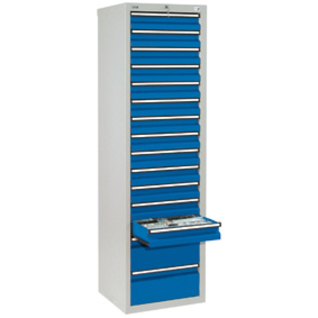 Zásuvková skříň stumpf®, zásuvky 13x100 + 2x200 mm, VxŠxH 1800 x 500 x 500 mm, světle šedá/modrý hořec Obrázek produktu: Zásuvková skříň stumpf®, zásuvky 13x100 + 2x200 mm, VxŠxH 1800 x 500 x 500 mm, světle šedá/modrý hořec