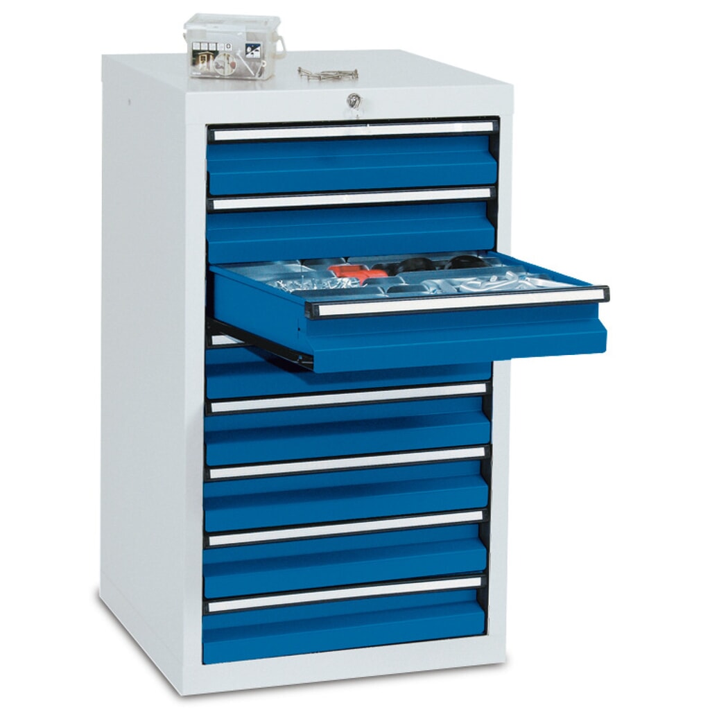Obrázek produktu: Zásuvková skříň stumpf®, zásuvky 8x100 mm, VxŠxH 900 x 500 x 500 mm, světle šedá/modrý hořec