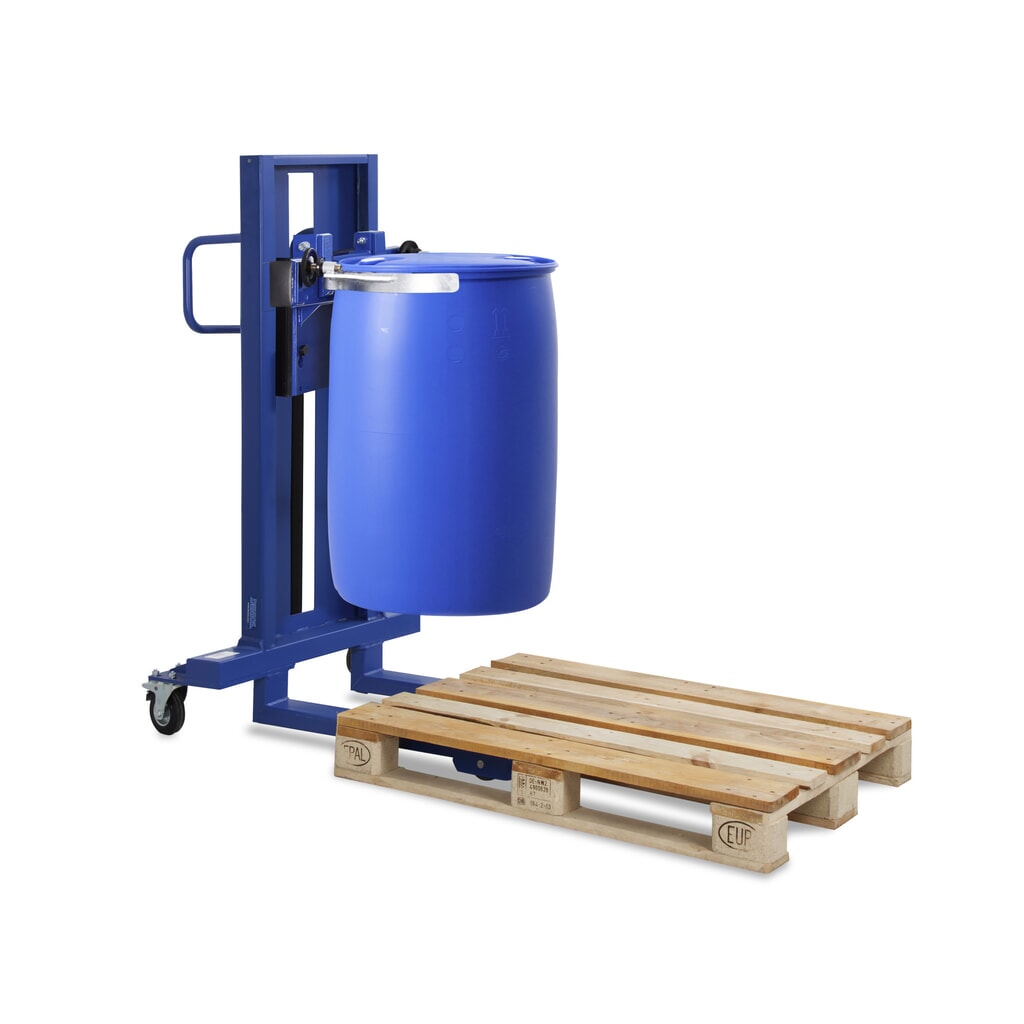 Zvedač sudů s kleštěmi na sudy, na ocelové sudy a sudy PE, úzký podvozek, výška zdvihu 520 mm Obrázek produktu: Zvedač sudů s kleštěmi na sudy, na ocelové sudy a sudy PE, úzký podvozek, výška zdvihu 520 mm