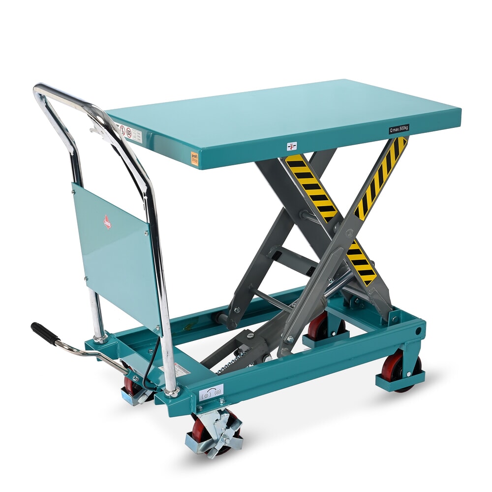 Obrázek produktu: Zvedací stůl Ameise® s nůžkovým mechanismem, pevná oj, nosnost 500 kg, cca 850 x 500 mm